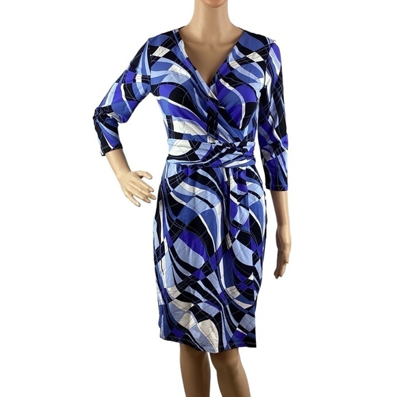 J. McLaughlin Brea Faux Wrap Dress Size XS Blue Black Optic Wave - Picture 1 of 7